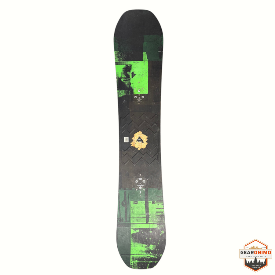 Gearonimo Sports Burton Radius snowboard with black and green graphic design, top-down view