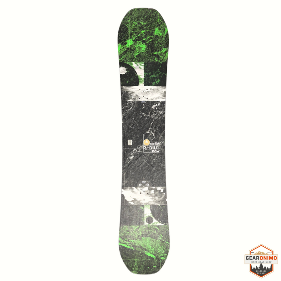 Gearonimo Sports Burton Radius snowboard with a black and green marbled graphic design on a white background