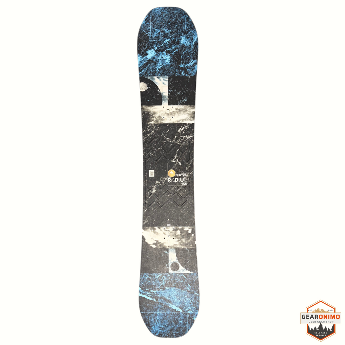 Gearonimo Sports Burton Radius snowboard with a blue and black marble pattern design, viewed from above.