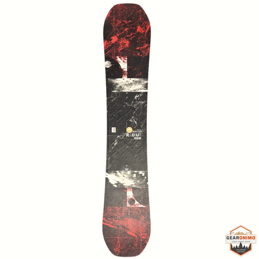 Gearonimo Sports Burton Radius snowboard with black and red graphic topsheet, viewed from above.