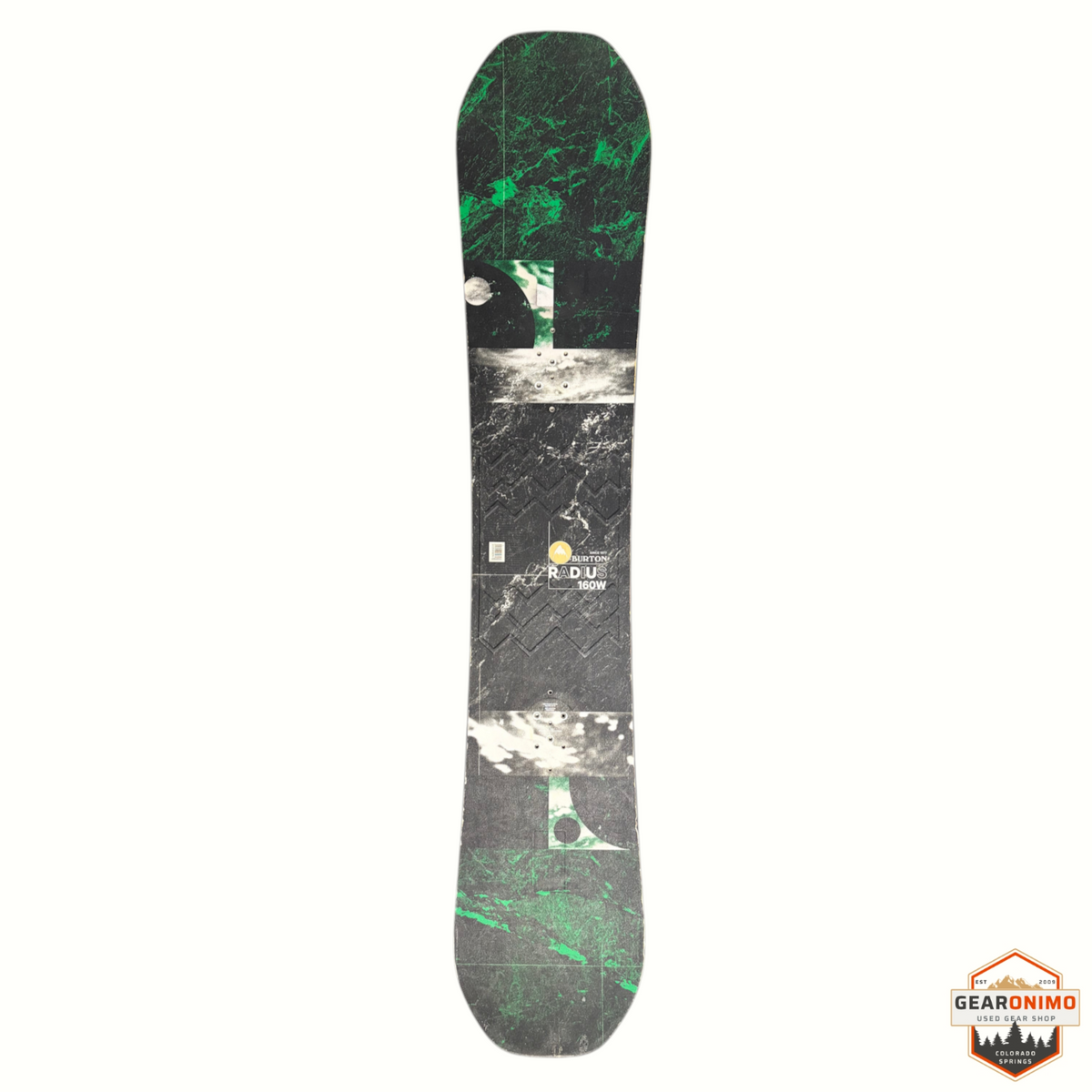 Gearonimo Sports Burton Radius snowboard with green marble pattern and black graphic details, top-down view