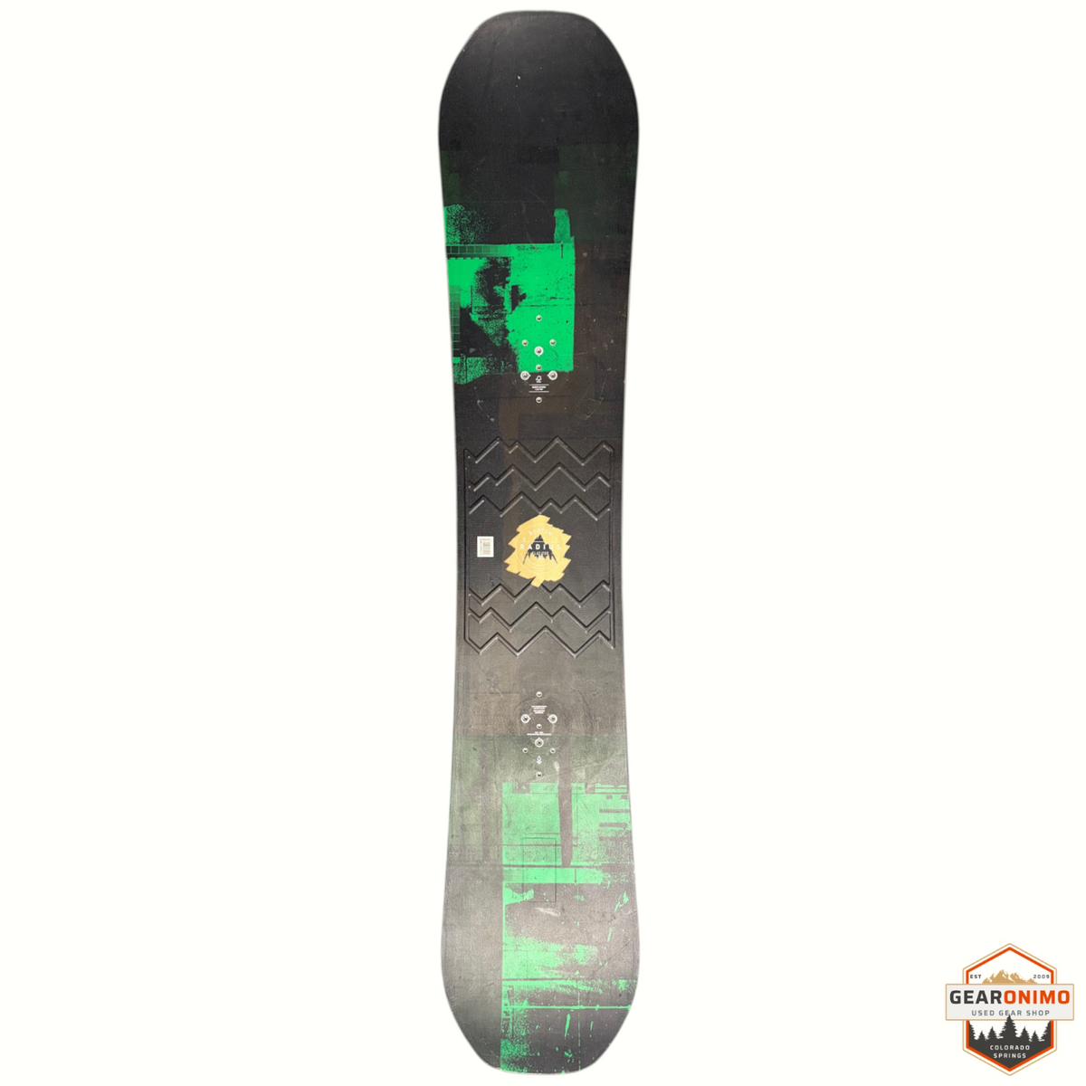 Gearonimo Sports Burton Radius snowboard with black and green graphic design, top-down view.