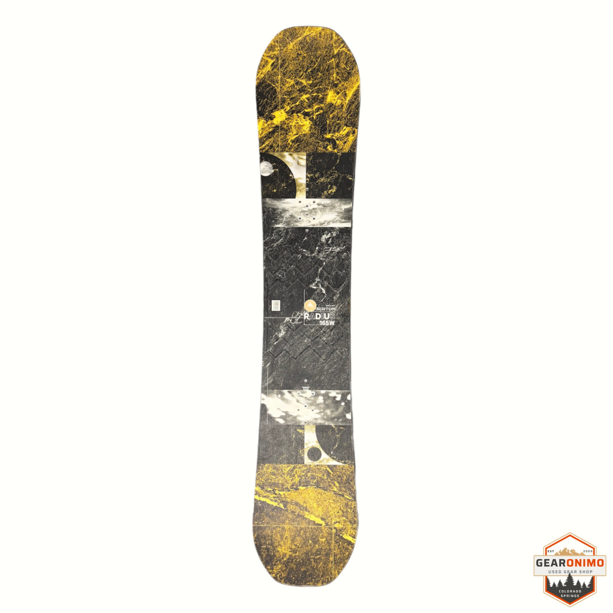 Gearonimo Sports Burton Radius snowboard with a black and yellow marble-style graphic, shown from top and side views.