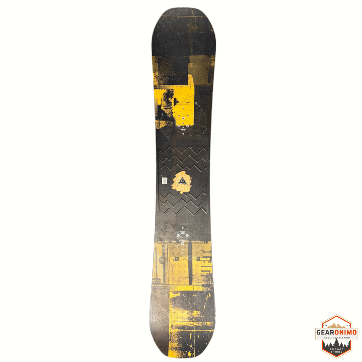 Gearonimo Sports Burton Radius snowboard with black and yellow graphic design, shown from a top-down view.