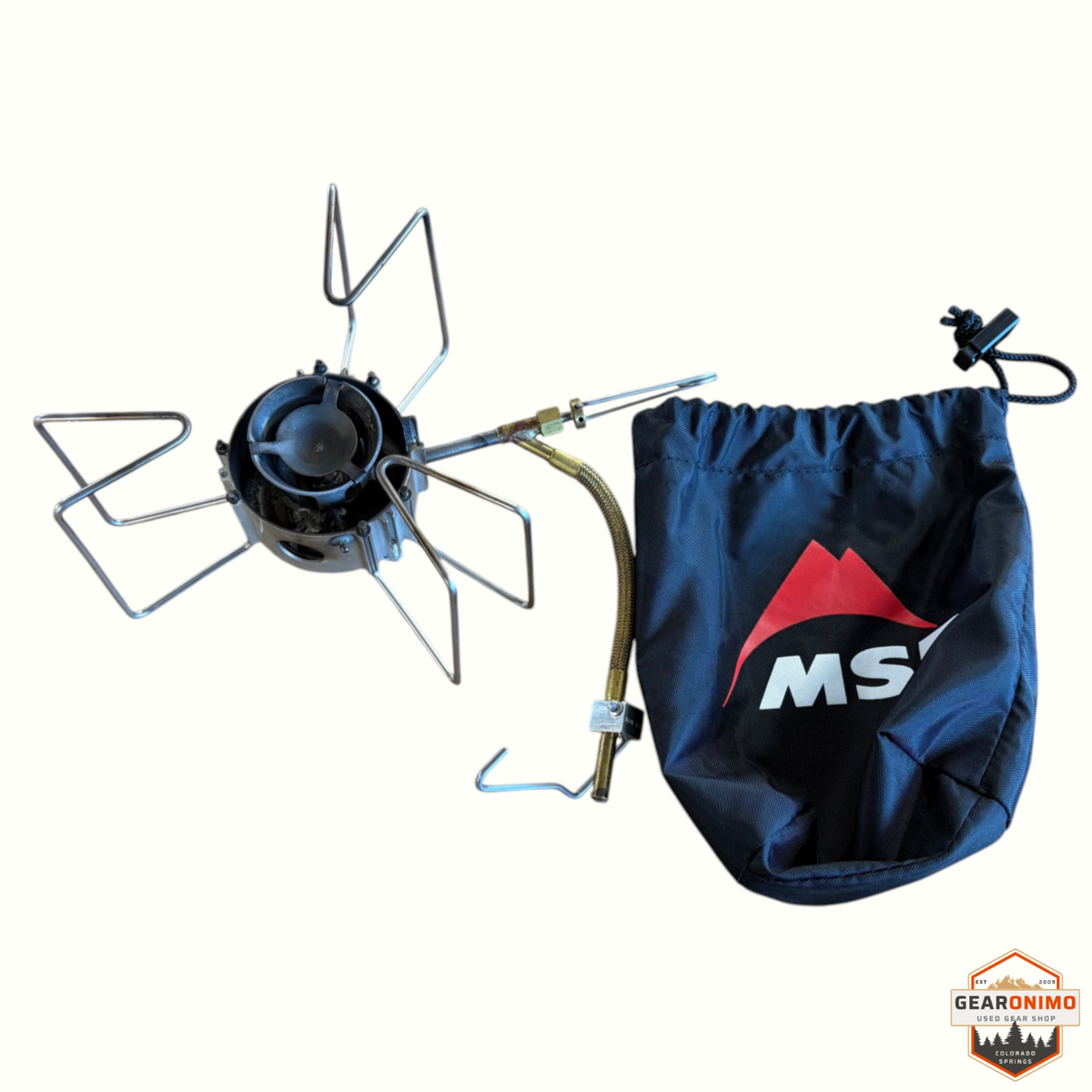 Gearonimo Sports MSR DragonFly camping stove with stainless steel burner and black storage bag