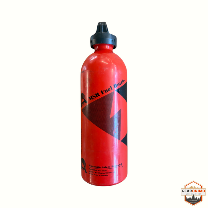 Gearonimo Sports 22oz red MSR fuel bottle for camping stoves with black cap and logo branding