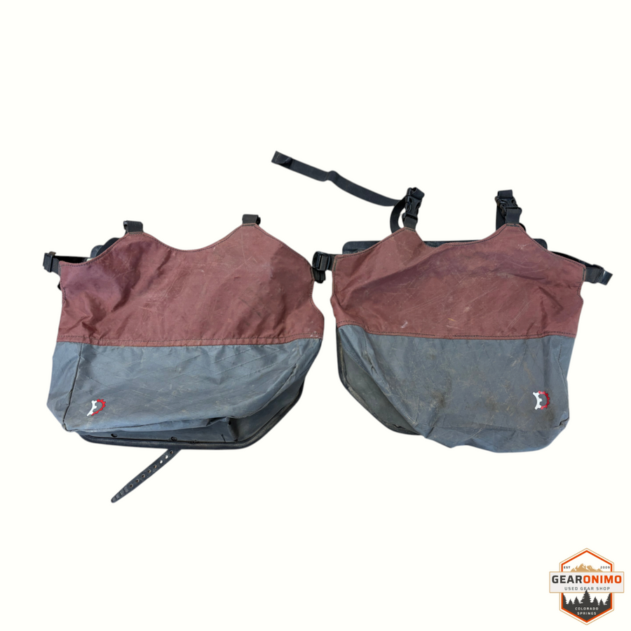 Gearonimo Sports Revelate Designs bicycle panniers in grey and maroon with adjustable straps and logo detail