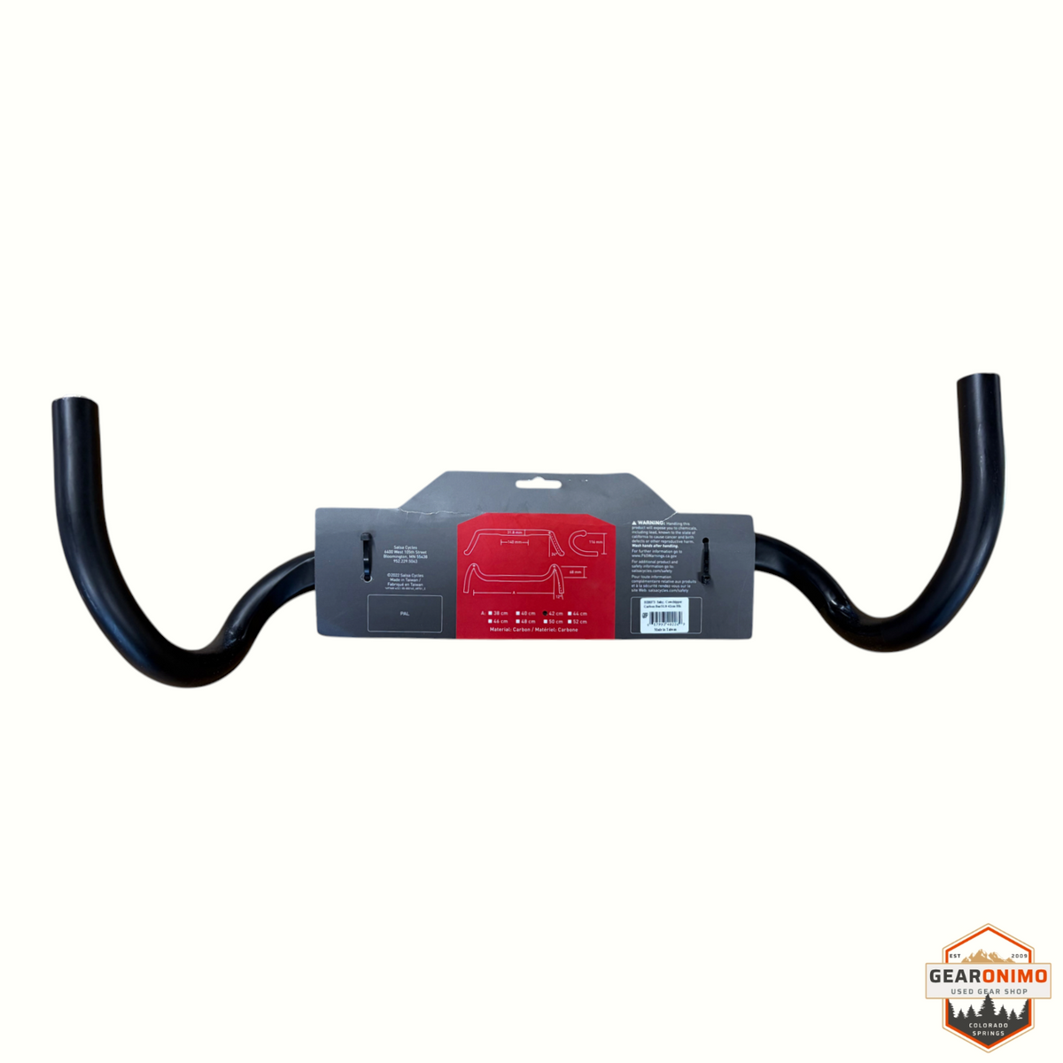 Gearonimo Sports Salsa Cowchipper carbon drop handlebars in black, displayed on retail packaging.