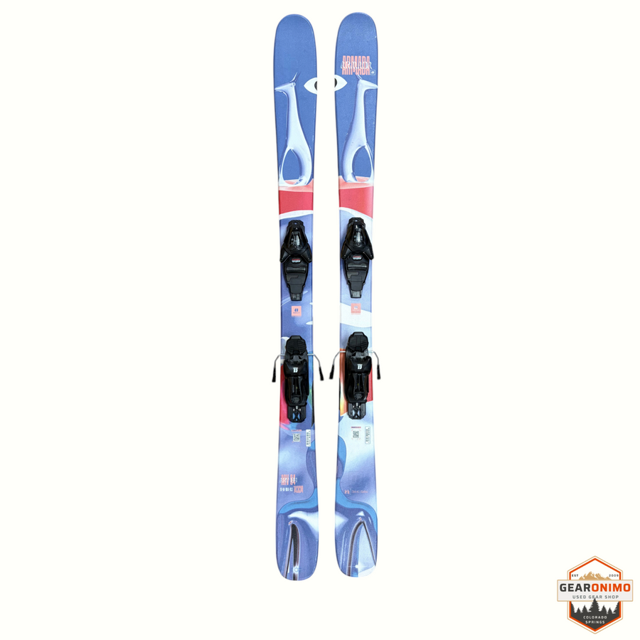 Gearonimo Sports Armada Arv 143cm skis featuring a blue and red graphic design with mounted bindings