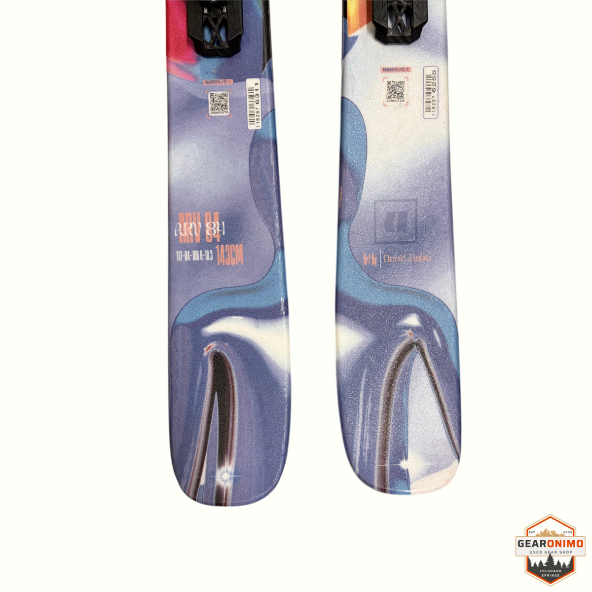 Gearonimo Sports Armada Arv 84 skis in size 143cm featuring a purple and blue abstract graphic design