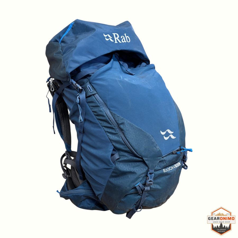 Gearonimo Sports Rab Exion 65L men's hiking backpack in blue with adjustable straps and technical gear loops