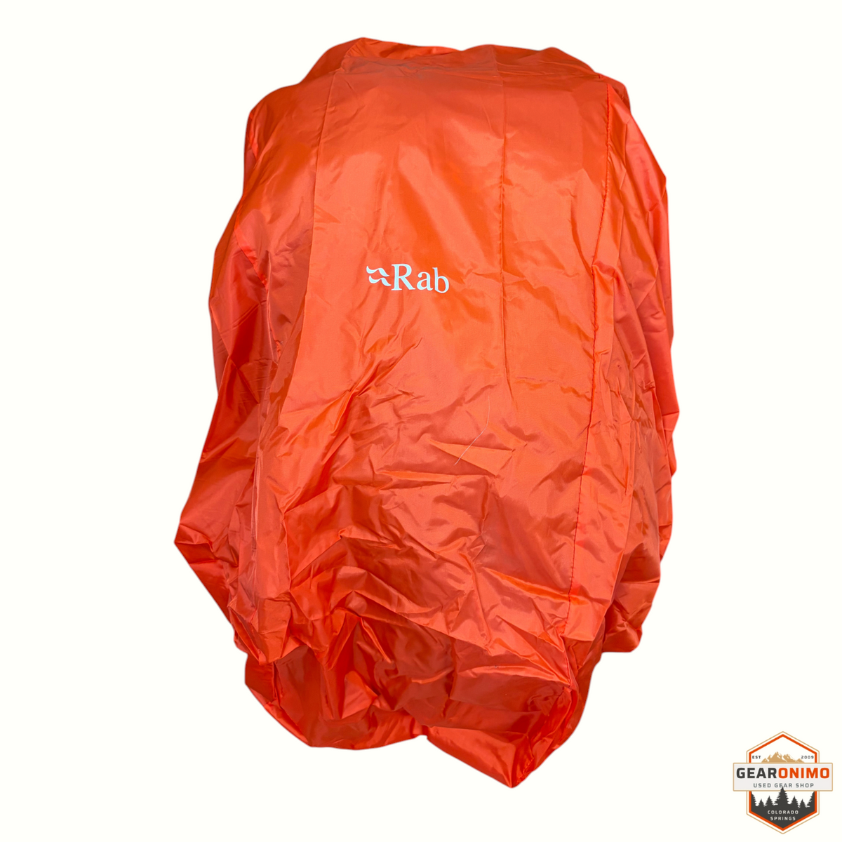 Gearonimo Sports bright orange Rab waterproof backpack rain cover with white logo branding