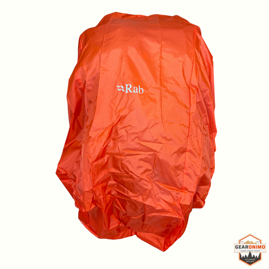 Gearonimo Sports bright orange Rab waterproof backpack rain cover with white logo branding