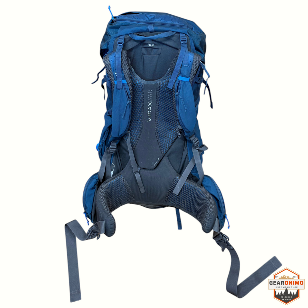 Gearonimo Sports Rab Exion 65L men's hiking backpack in blue with V-TRAX carry system and adjustable mesh back panel.
