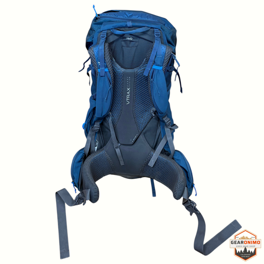 Gearonimo Sports Rab Exion 65L men's hiking backpack in blue with V-TRAX carry system and adjustable mesh back panel.