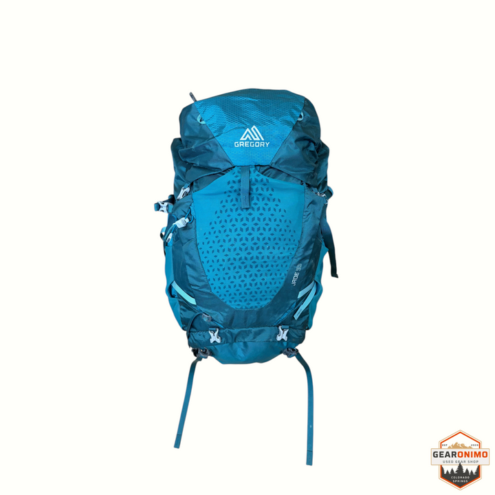 Gearonimo Sports Gregory Jade 53 women's hiking backpack in teal with geometric pattern and adjustable straps