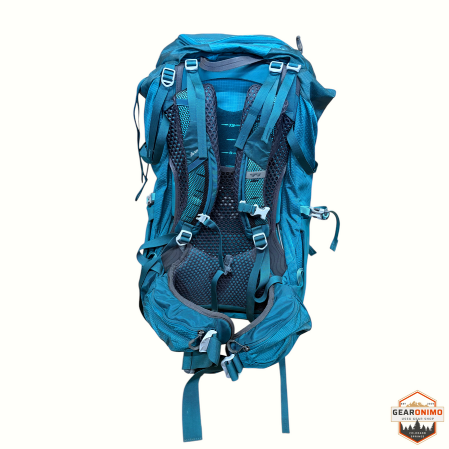 Gearonimo Sports Gregory Jade 53 women's hiking backpack in teal with adjustable mesh suspension and hip belt