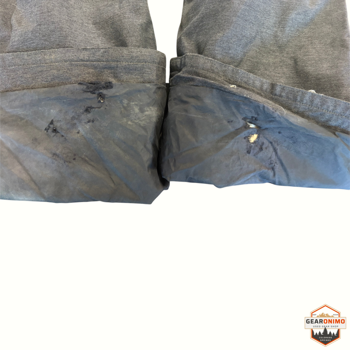 Gearonimo Sports grey Bonfire Heavenly insulated ski pants showing wear and tear on the inner cuffs