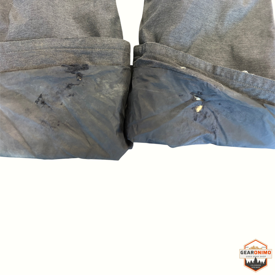Gearonimo Sports grey Bonfire Heavenly insulated ski pants showing wear and tear on the inner cuffs