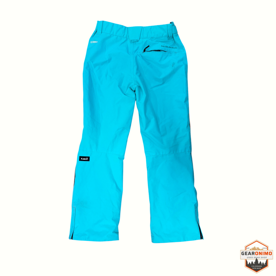 Gearonimo Sports Planks Good Times ski pants in bright turquoise with zippered back pocket and logo branding