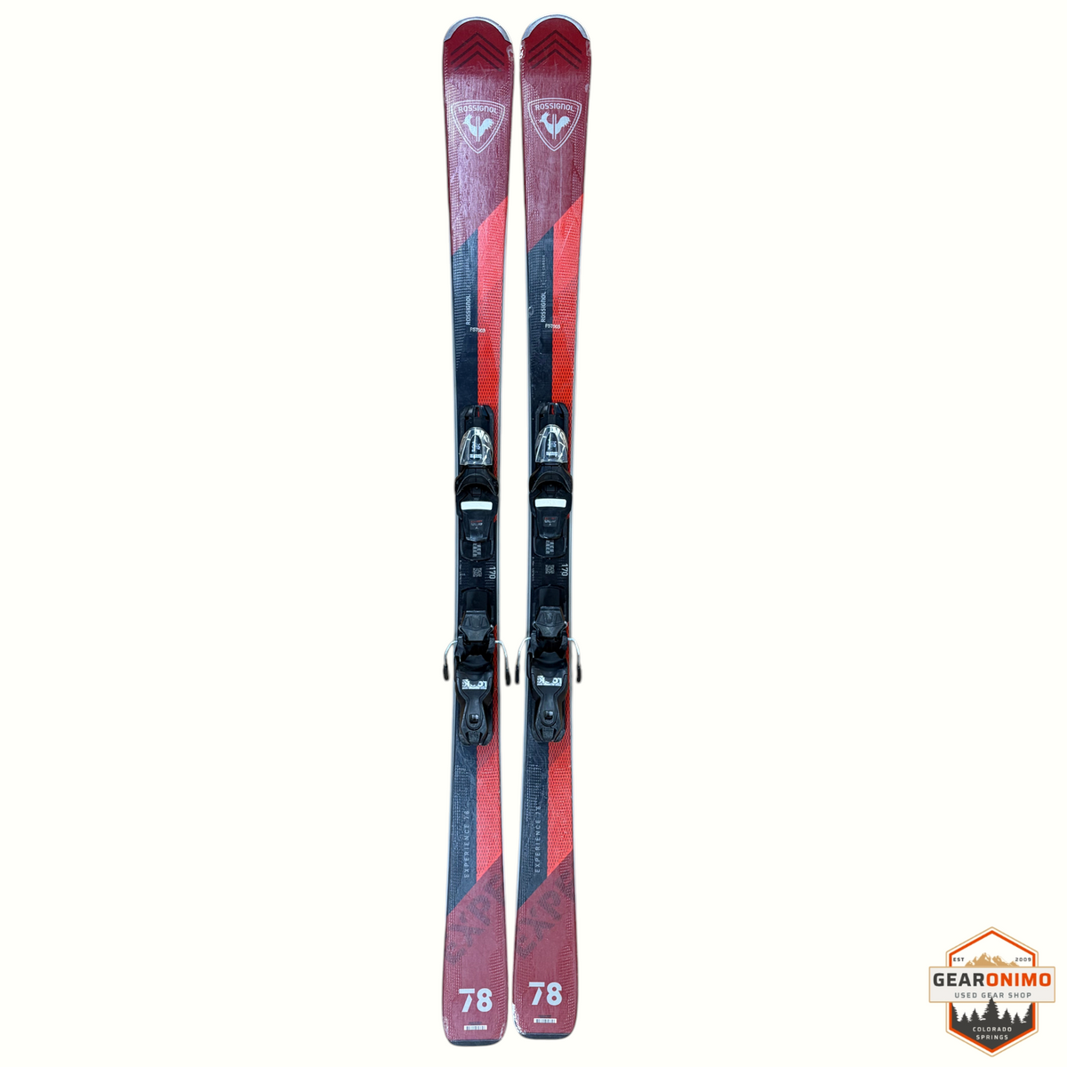 Gearonimo Sports Rossignol Experience 78 skis in red and black with pre-mounted Look Xpress 11 bindings, 170 cm length