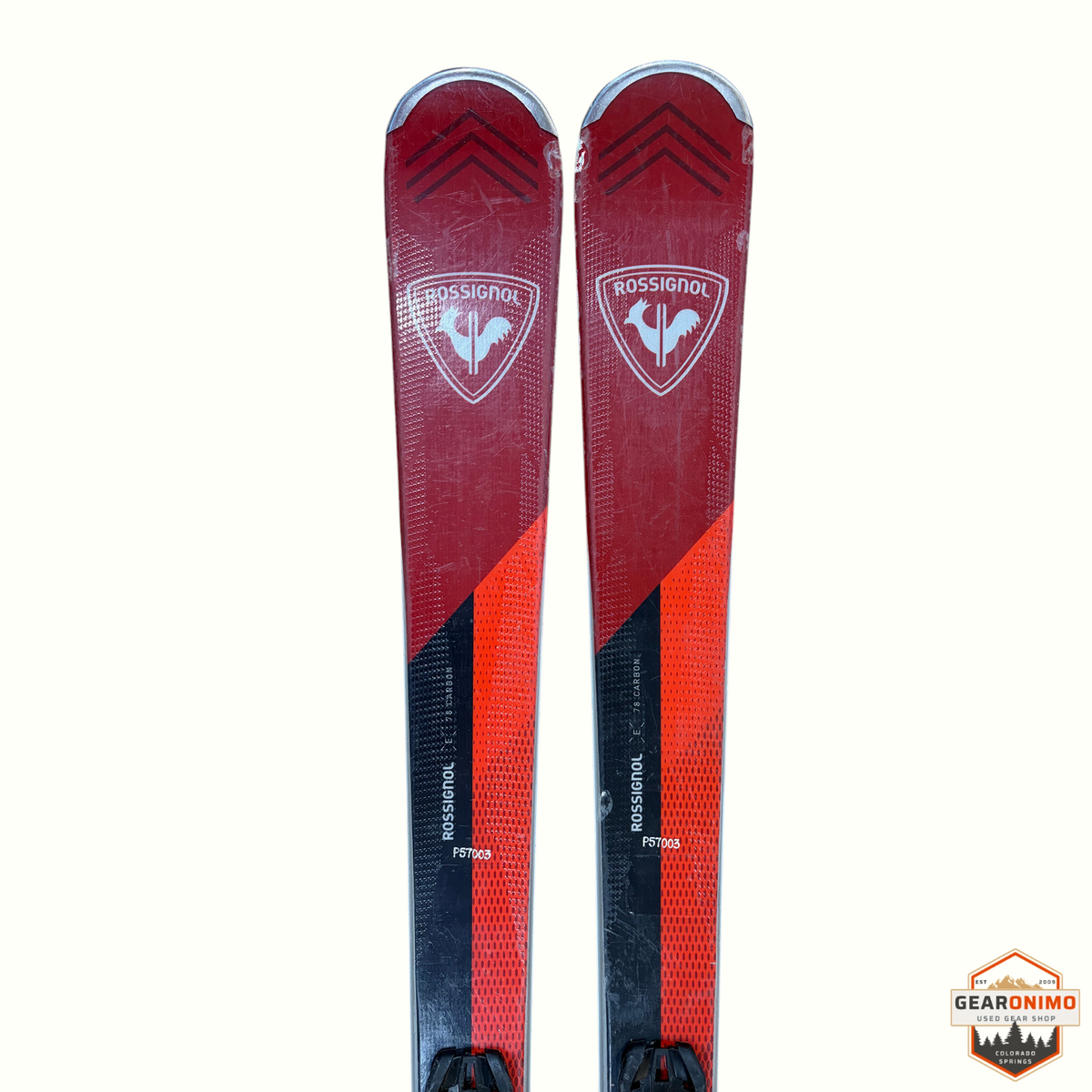 Gearonimo Sports Rossignol Experience 78 skis in red and black with Look Xpress 11 bindings, 170 cm length.