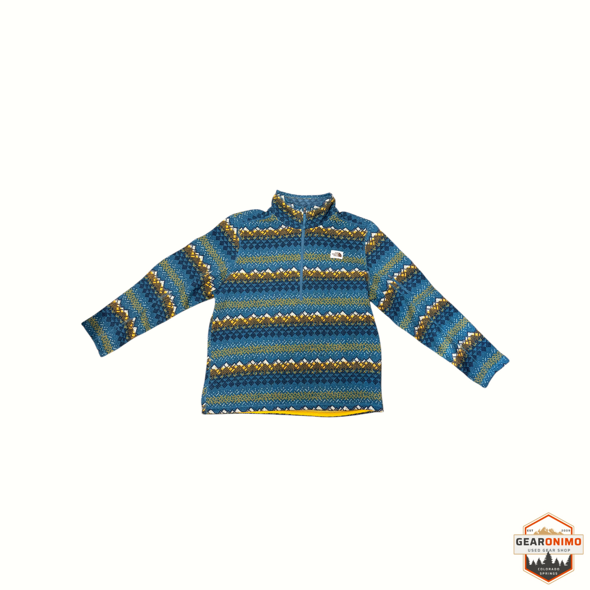 Gearonimo Sports The North Face Gordon Lyons blue patterned 1/4 zip fleece sweater with geometric mountain print