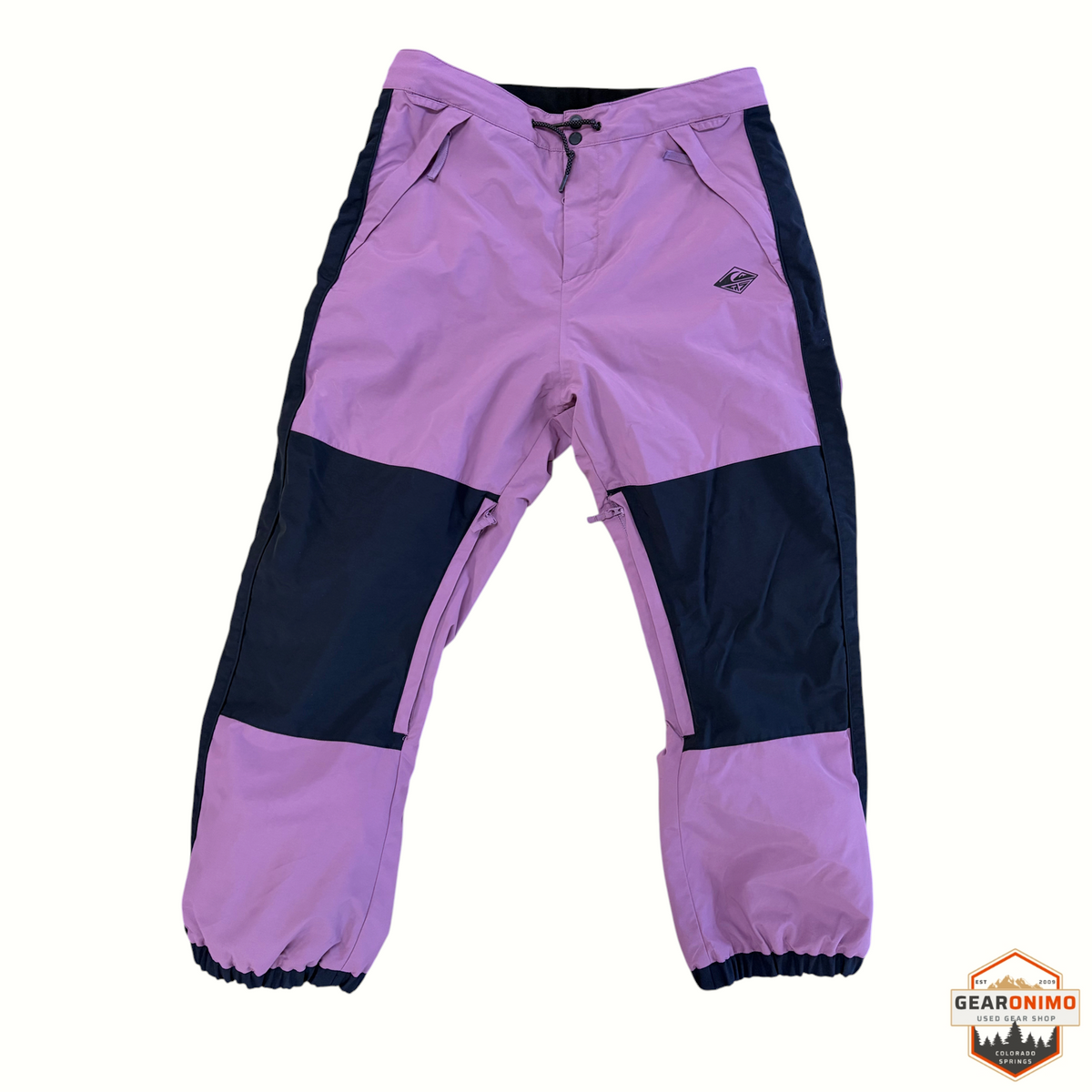 Gearonimo Sports men's Quiksilver Snowdown ski pants in mauve and black with zippered pockets and elastic cuffs