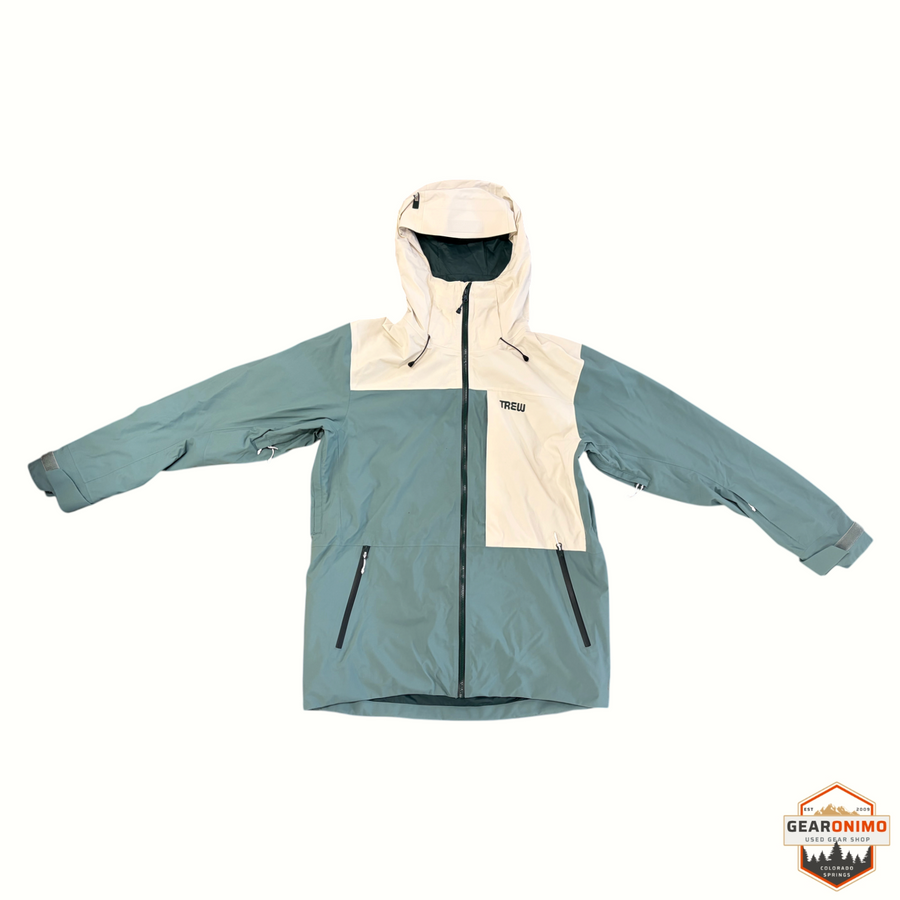 Gearonimo Sports Trew Jefferson men's snow jacket in sage green and cream with a hood and front zipper closure.