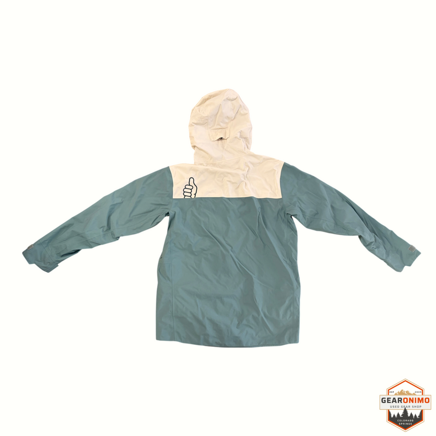 Gearonimo Sports Trew Jefferson snow jacket in teal and cream with a shaka hand graphic on the back
