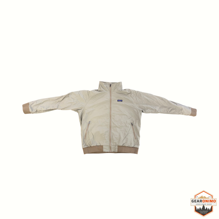 Gearonimo Sports Patagonia Isthmus Deck Jacket in beige with brown ribbed cuffs and collar, size men's XL.