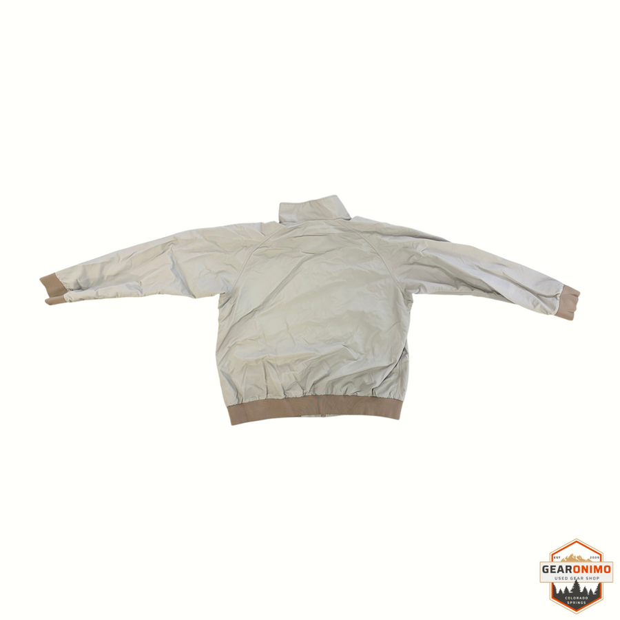 Gearonimo Sports Patagonia Isthmus Deck Jacket in light grey with brown ribbed cuffs and hem, back view.