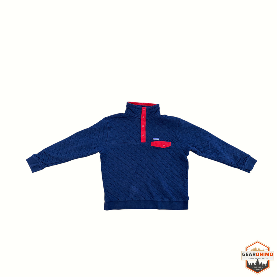 Gearonimo Sports Patagonia Quilt Snap-T pullover in navy blue with red trim and chest pocket, size XL