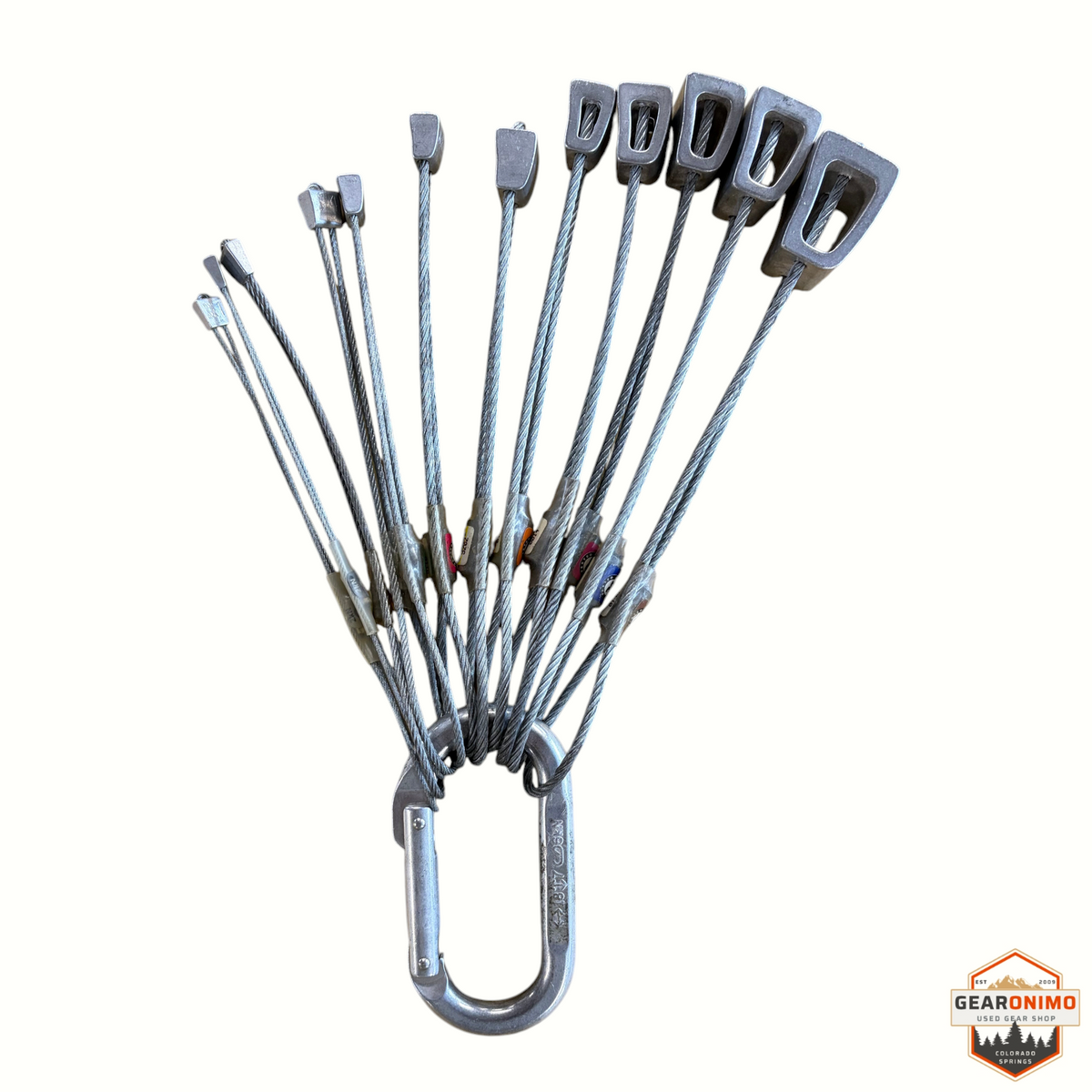 Gearonimo Sports Black Diamond climbing nut set sizes 1-13 excluding 7 on a metal carabiner