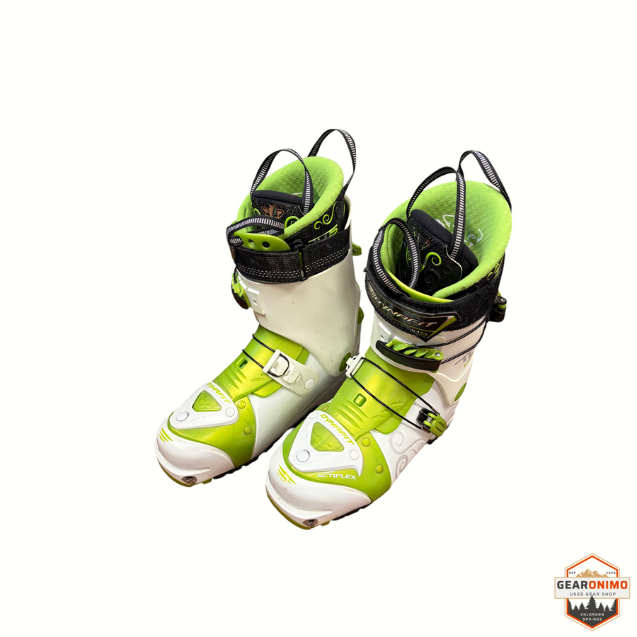 Gearonimo Sports Dynafit Actiflex Tlt 5 ski boots in white and lime green with black straps and interior lining