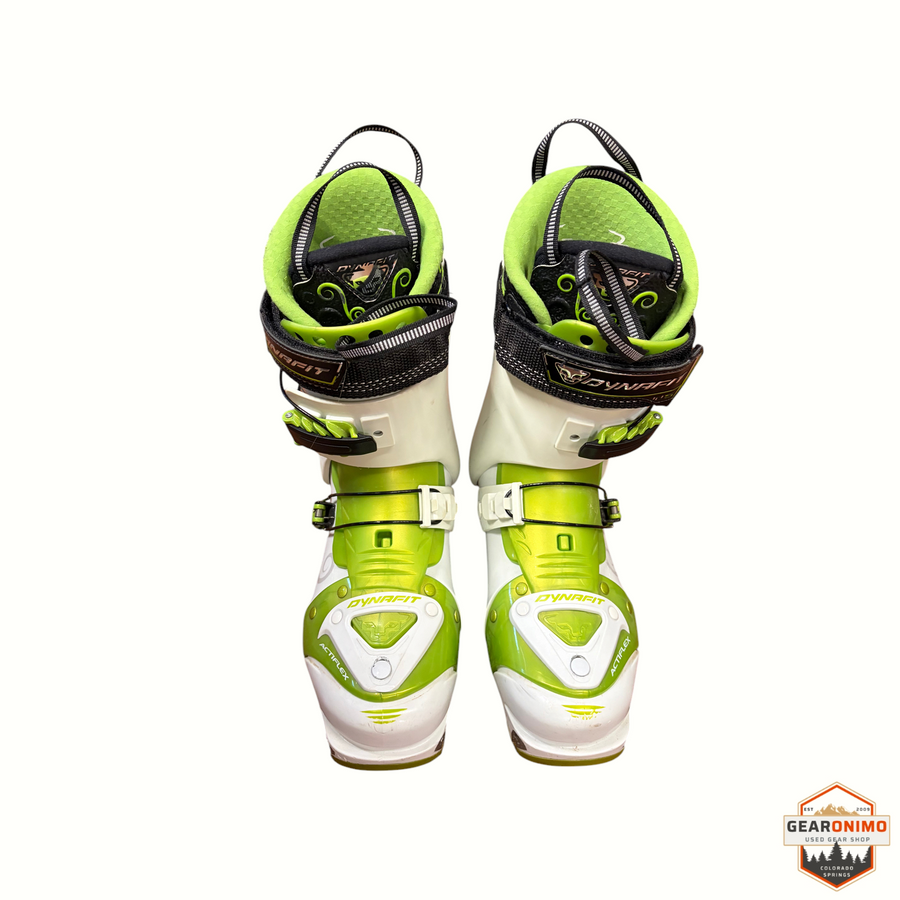 Gearonimo Sports Dynafit Actiflex Tlt 5 ski boots in white and lime green, size 7, featuring adjustable buckles.
