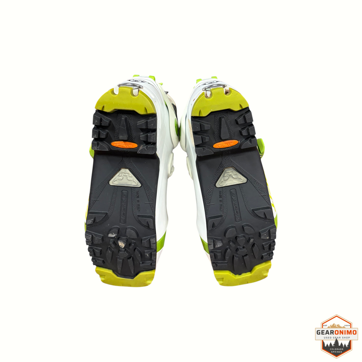 Gearonimo Sports Dynafit Actiflex Tlt 5 ski boot soles in white, black, and lime green, size 7
