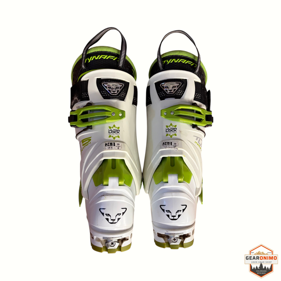 Gearonimo Sports Dynafit Actiflex Tlt 5 ski boots in white and lime green, rear view showing Ultra Lock system