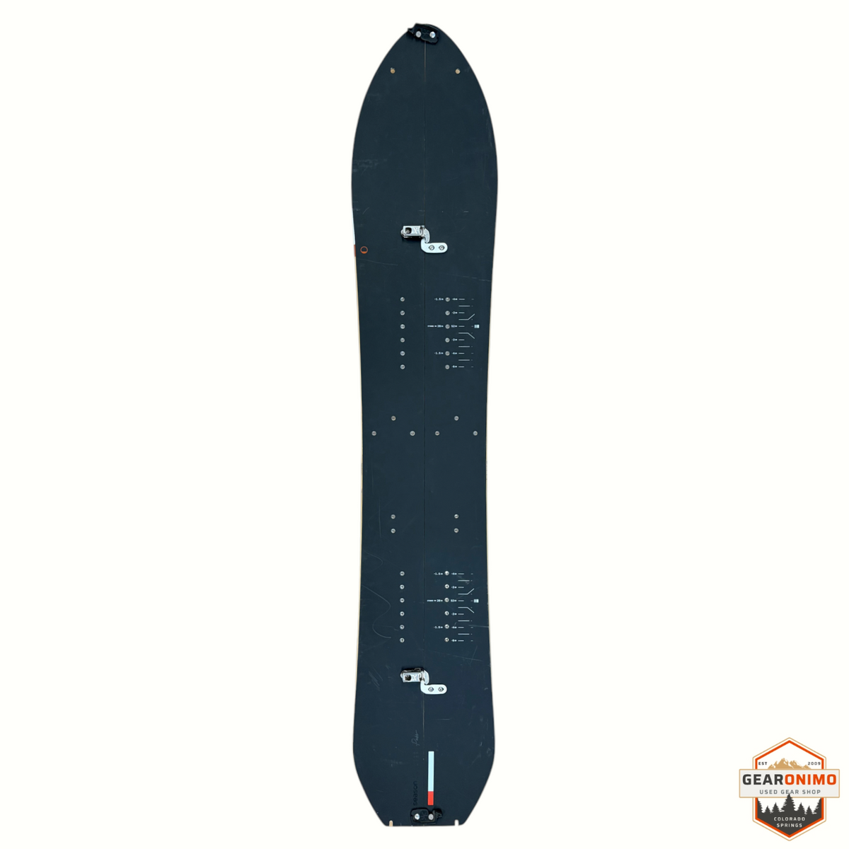 Gearonimo Sports Season Pass 148 cm black splitboard with mounting hardware on a cardboard surface