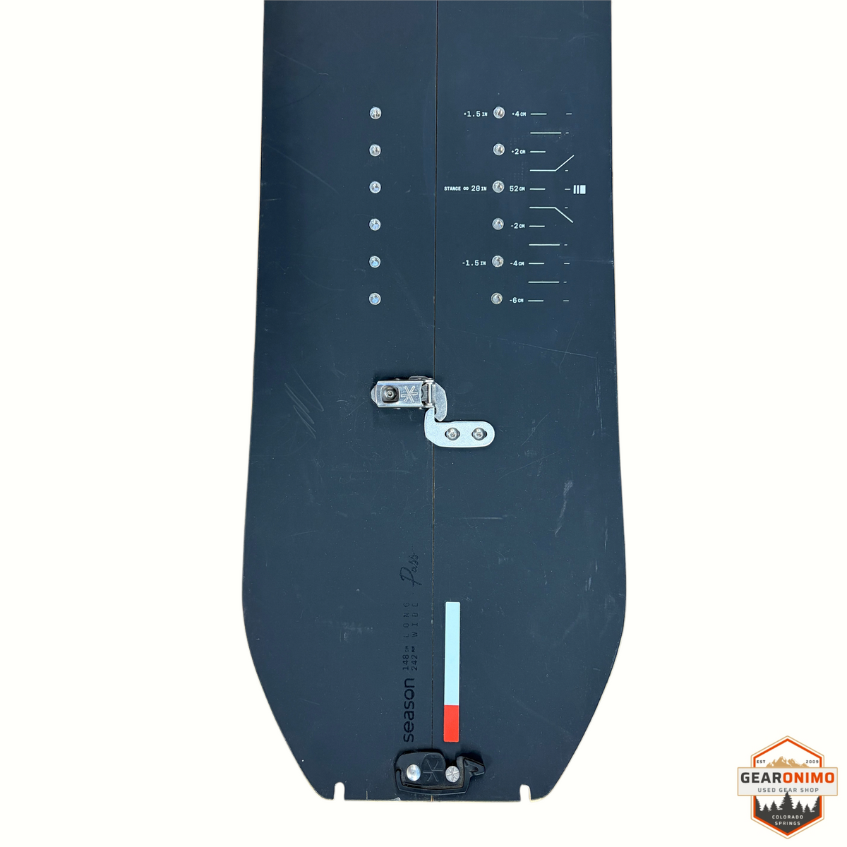 Gearonimo Sports Season Pass 148cm splitboard featuring black base with mounting hardware and stance adjustment markers
