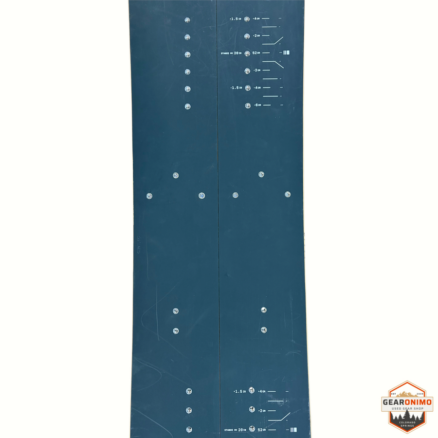 Gearonimo Sports Season Pass 148 cm splitboard featuring a dark blue topsheet with white stance adjustment markings