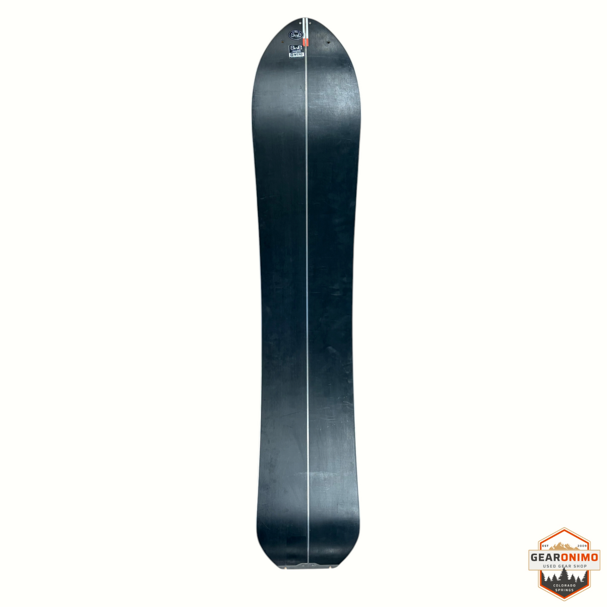 Gearonimo Sports Season Pass 148 cm splitboard in black with a central white stripe design