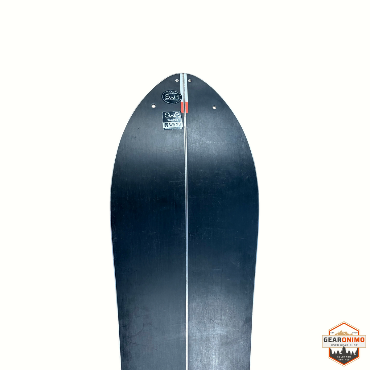 Gearonimo Sports Season Pass split board tip in black with white center line and quality control stickers