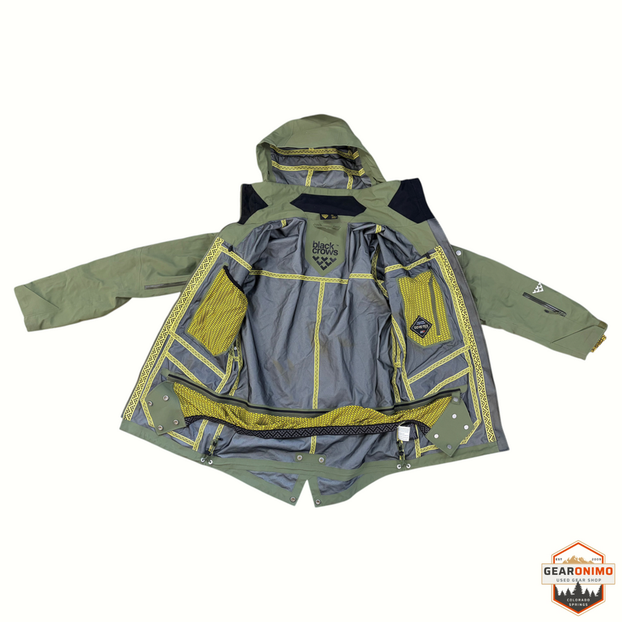 Gearonimo Sports men's small Black Crows olive green GORE-TEX ski shell jacket with interior yellow patterned lining