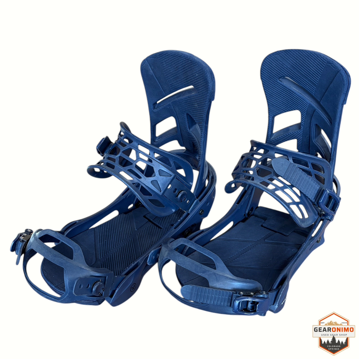 Gearonimo Sports navy Burton Mission snowboard bindings in size large with adjustable straps and highback support