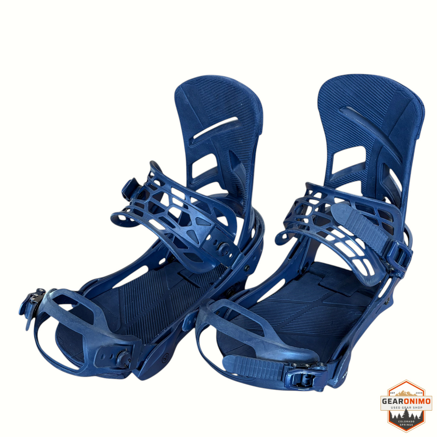 Gearonimo Sports Burton Mission snowboard bindings in dark blue with adjustable straps and highback support.
