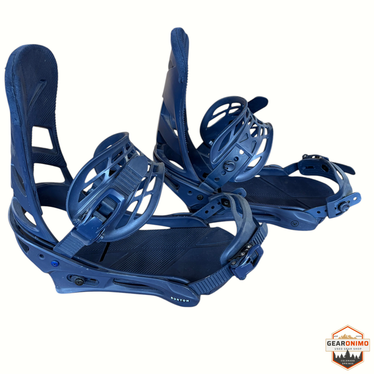 Gearonimo Sports Burton Mission snowboard bindings in navy blue, size large, featuring durable straps and highbacks.