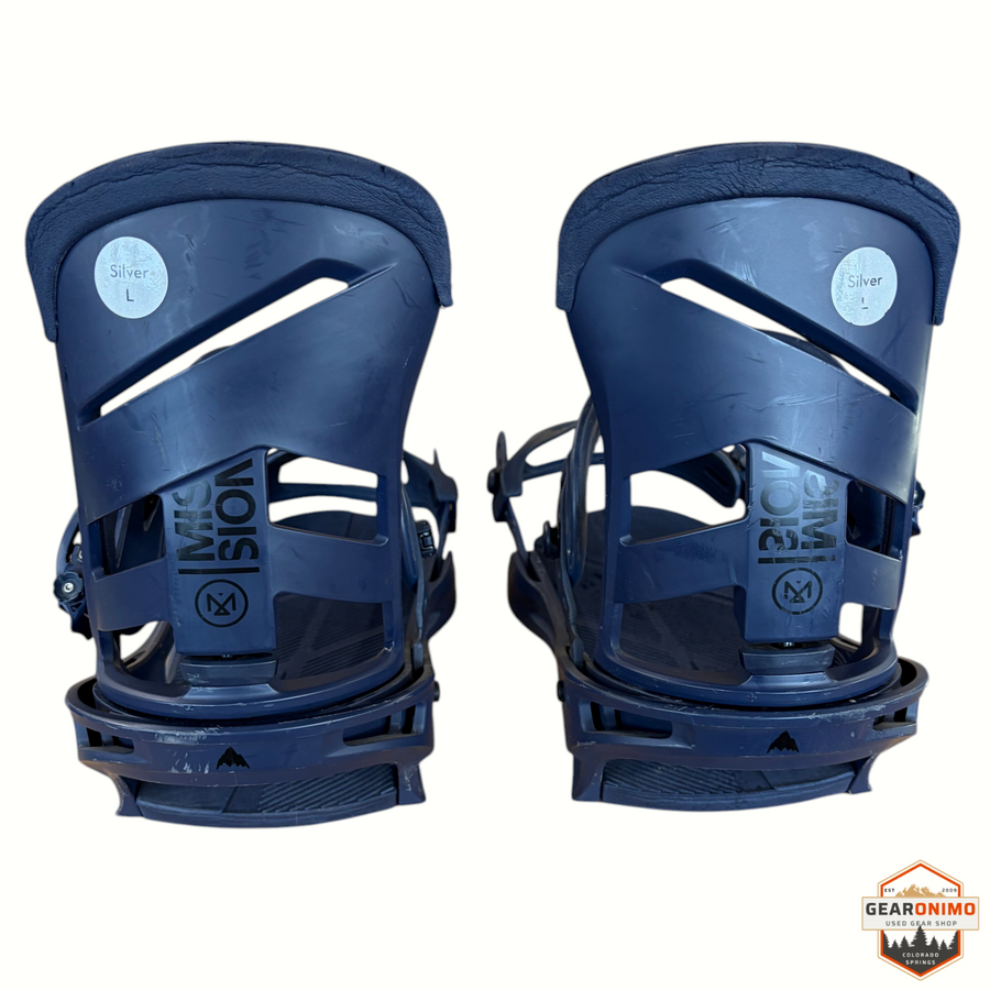 Gearonimo Sports Burton Mission snowboard bindings in navy blue, size large, shown from the back view.