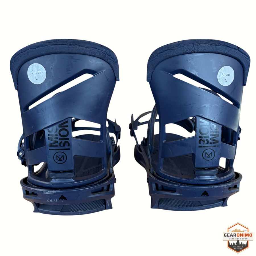 Gearonimo Sports Burton Mission snowboard bindings in dark blue with size large silver stickers on the highbacks