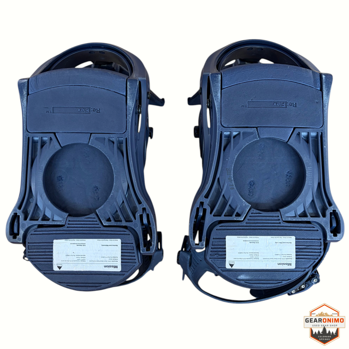 Gearonimo Sports Burton Mission snowboard bindings in navy, size large, shown from the baseplate view.